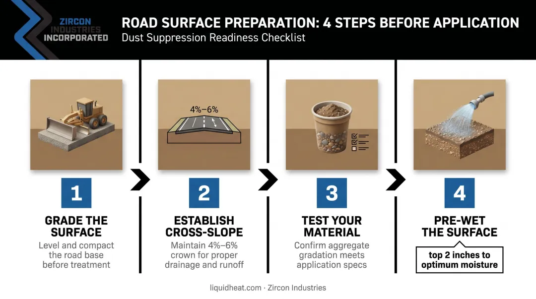 4-step unpaved road surface preparation process before dust suppressant application