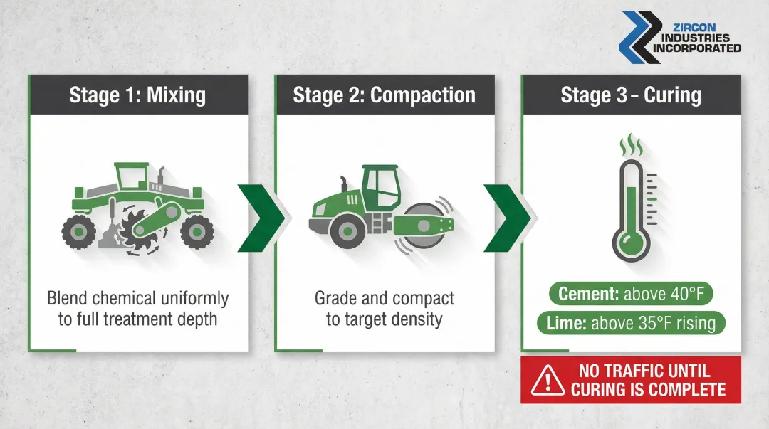 Three-stage soil stabilization mixing compaction curing process with temperature requirements