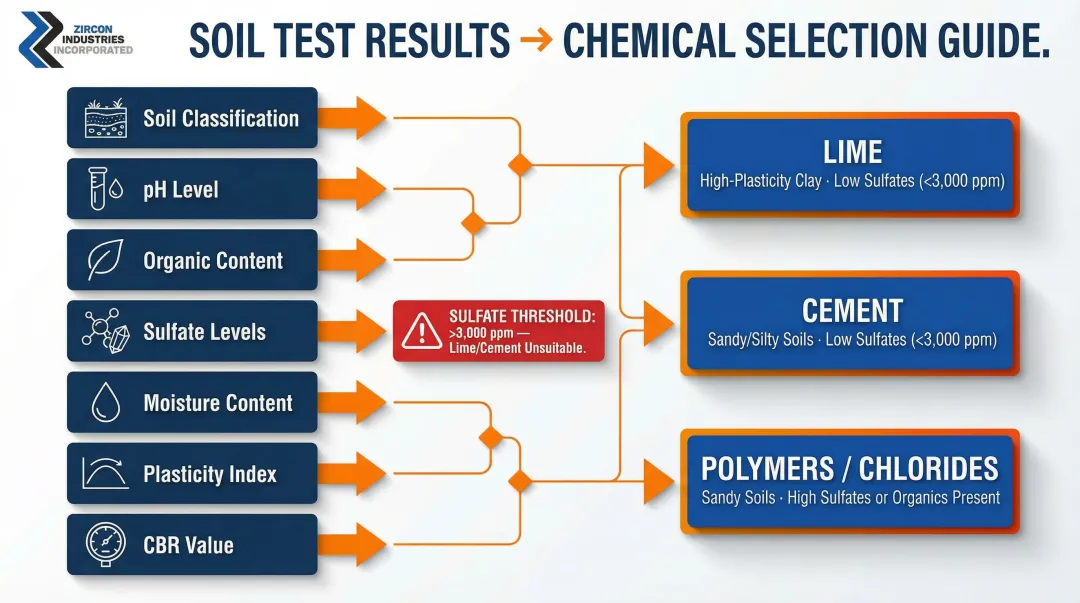 Soil assessment criteria to chemical stabilizer selection decision flow infographic