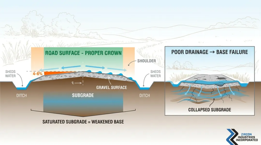 Road cross-section diagram showing crown slope shoulder grading and drainage ditch design