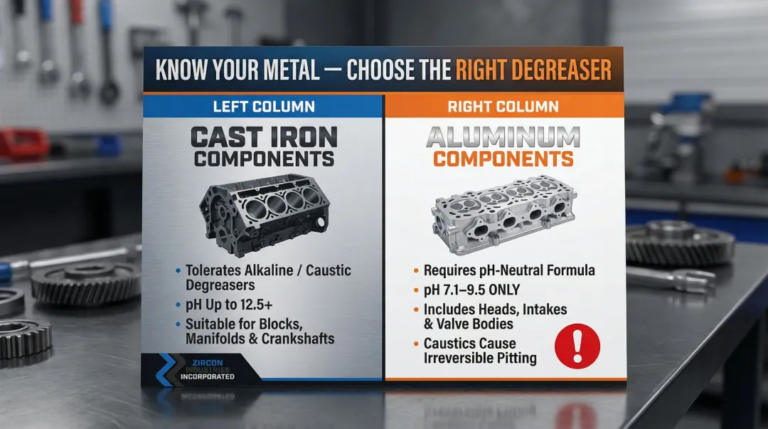 Cast iron versus aluminum engine parts degreaser compatibility comparison infographic