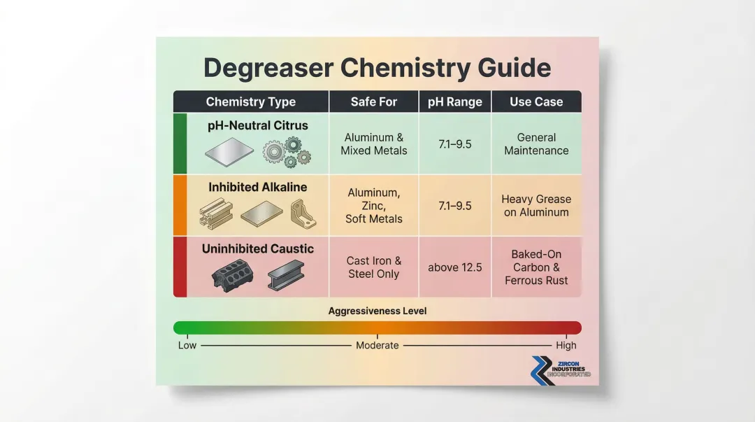 Engine degreaser chemistry types pH ranges and metal compatibility comparison table