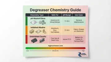 Engine degreaser chemistry types pH ranges and metal compatibility comparison table