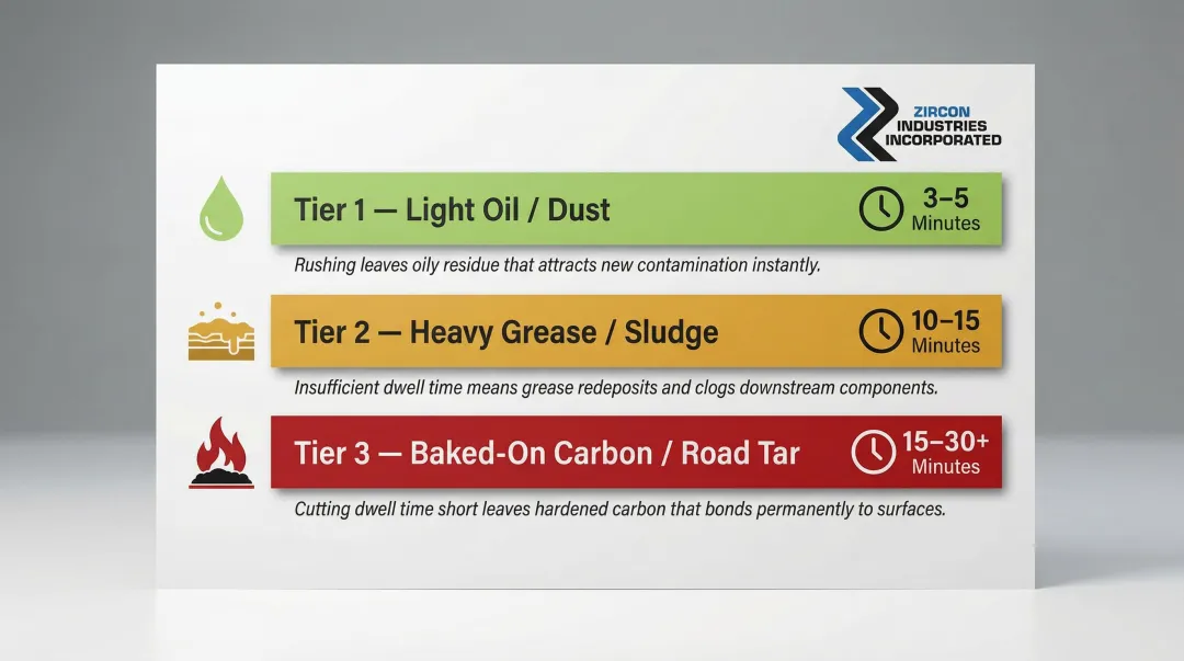 Engine degreaser dwell time guidelines by soil level three-tier chart
