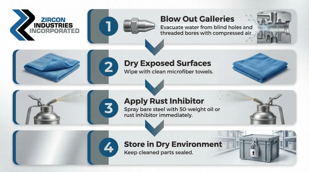 Four-step engine parts post-rinse drying protocol process flow diagram