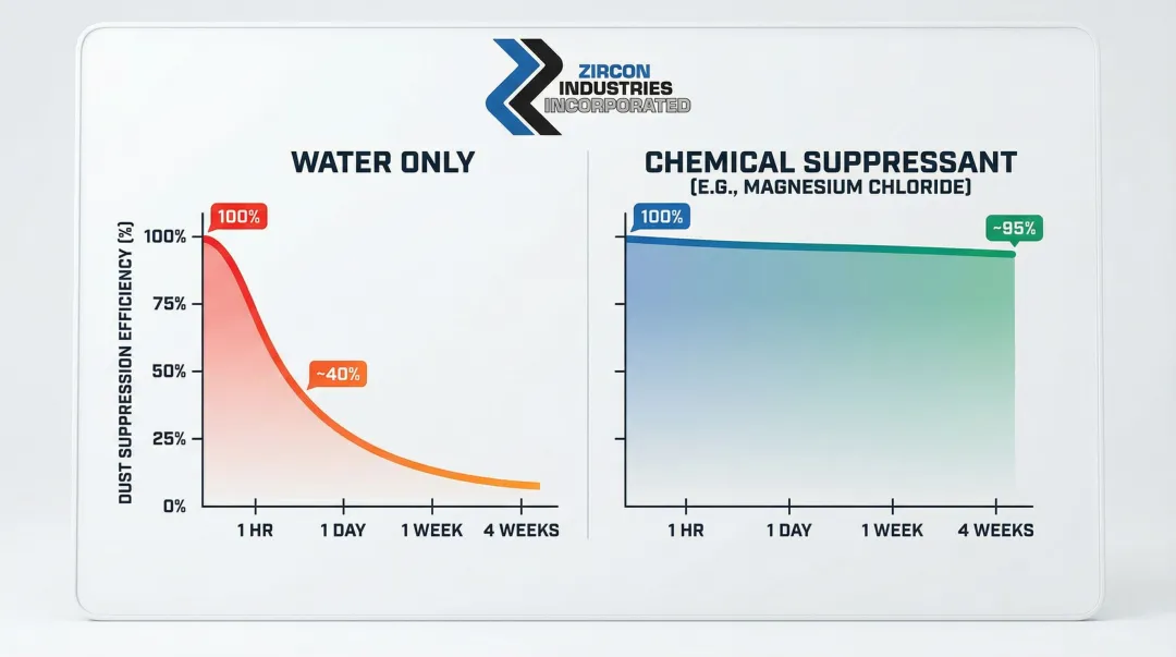 Water versus chemical dust suppressant efficiency comparison over time infographic