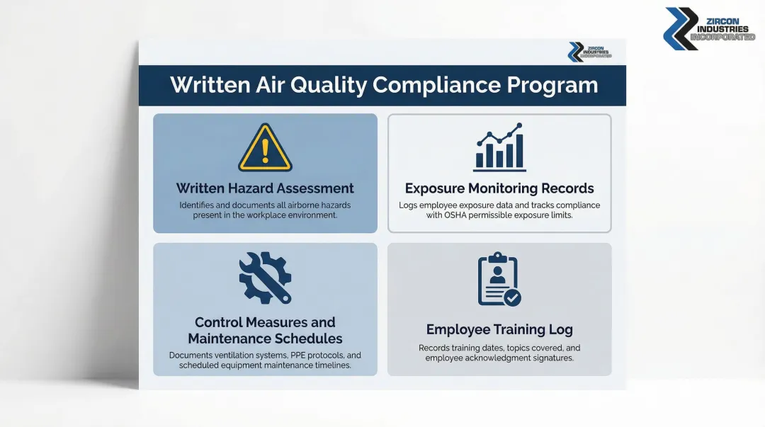 Four core components of written OSHA air quality compliance program diagram