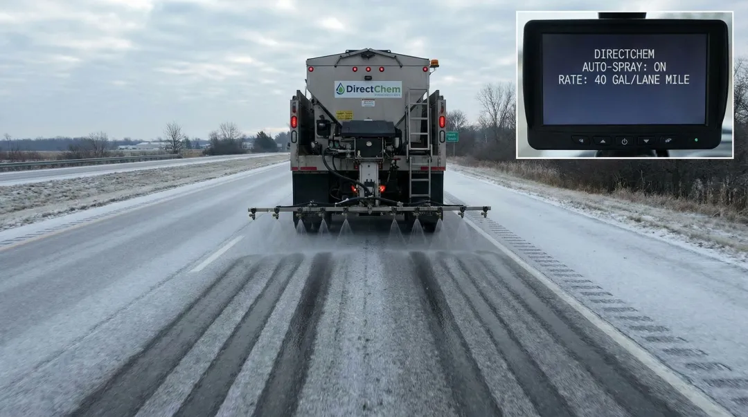 Automated liquid deicer spray system applying anti-icing chemical to road surface