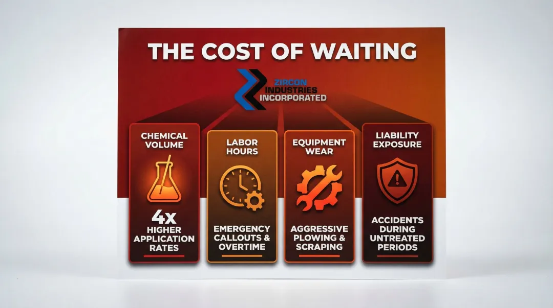 Four cost drivers of reactive deicing versus proactive anti-icing comparison infographic