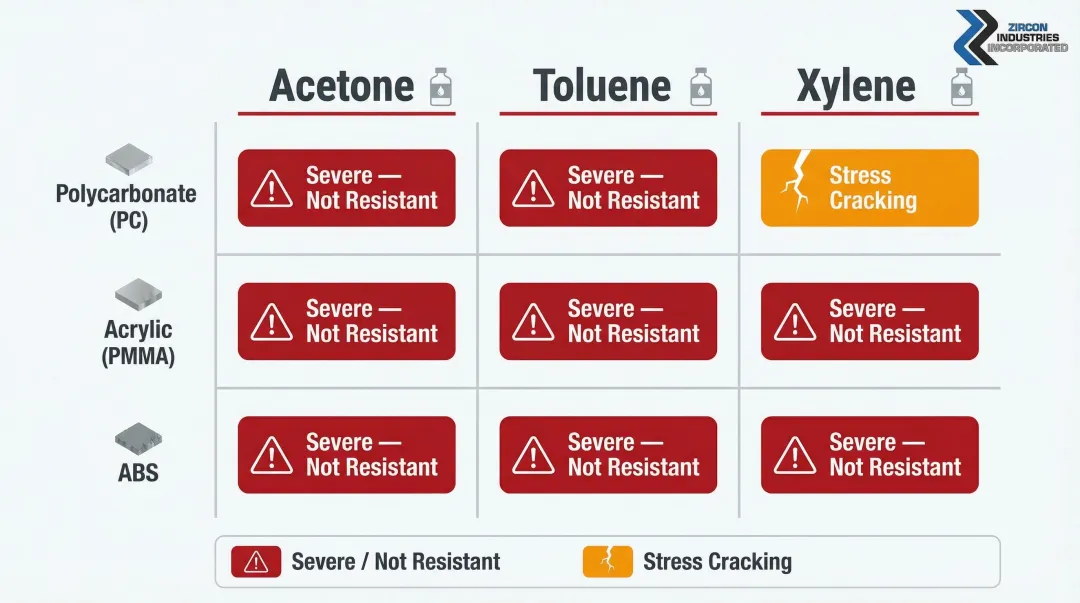 Solvent compatibility chart showing acetone toluene xylene effects on PCB plastics