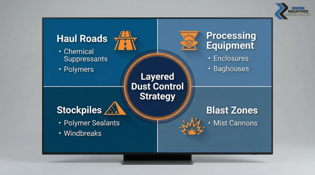 Quarry dust emission source to control solution matching matrix infographic