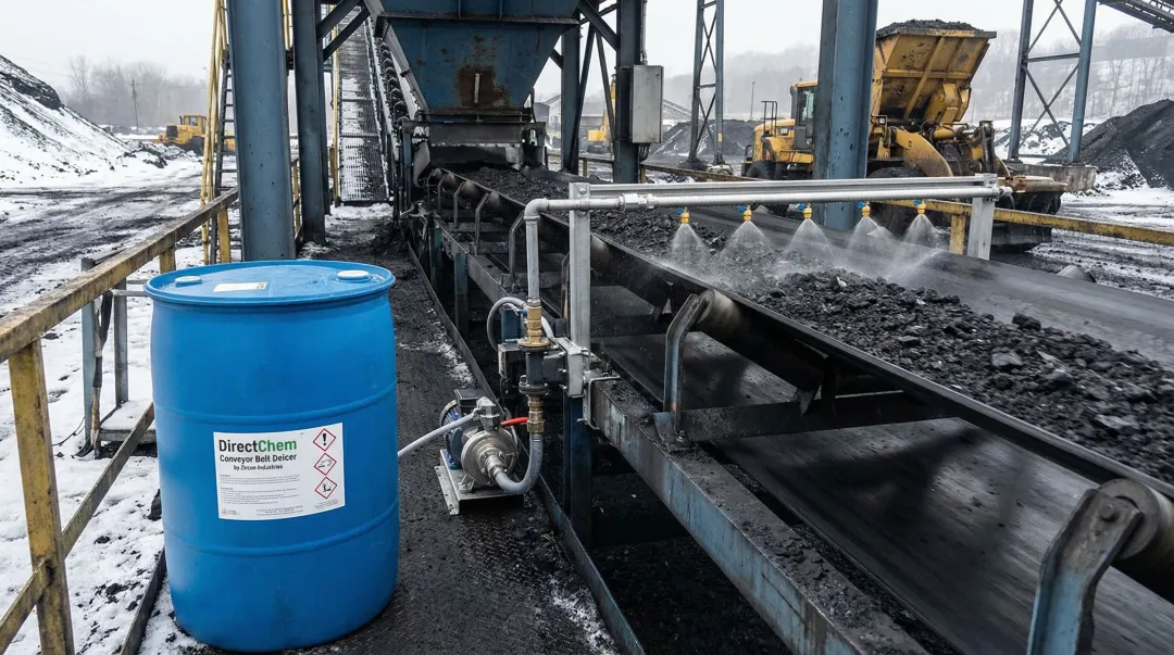 DirectChem Conveyor Belt Deicer product with automated spray system application on industrial belt
