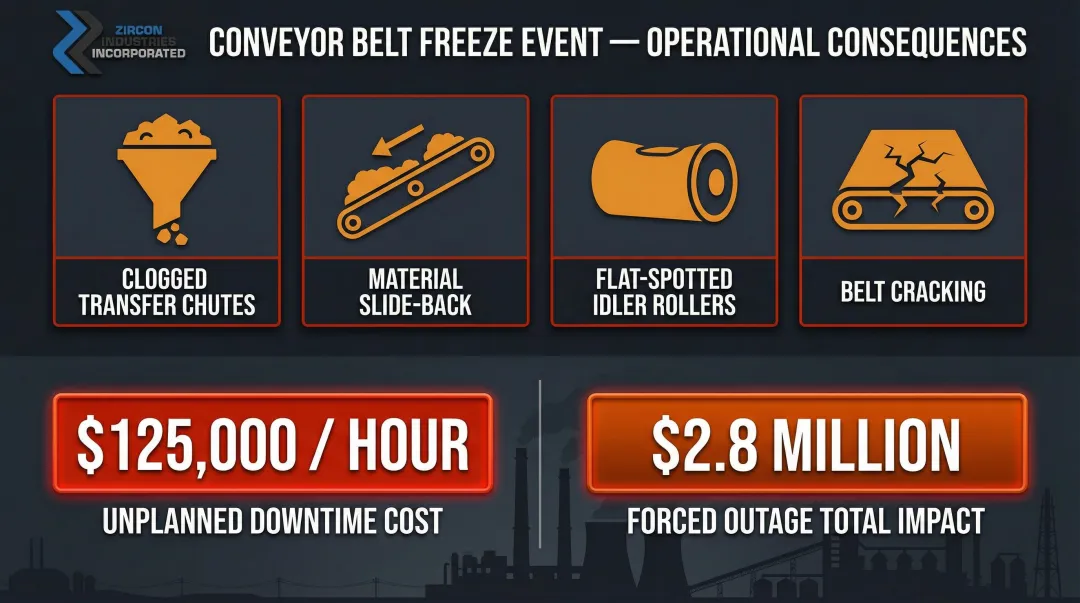 Coal conveyor belt freeze failure consequences and hourly downtime cost breakdown infographic