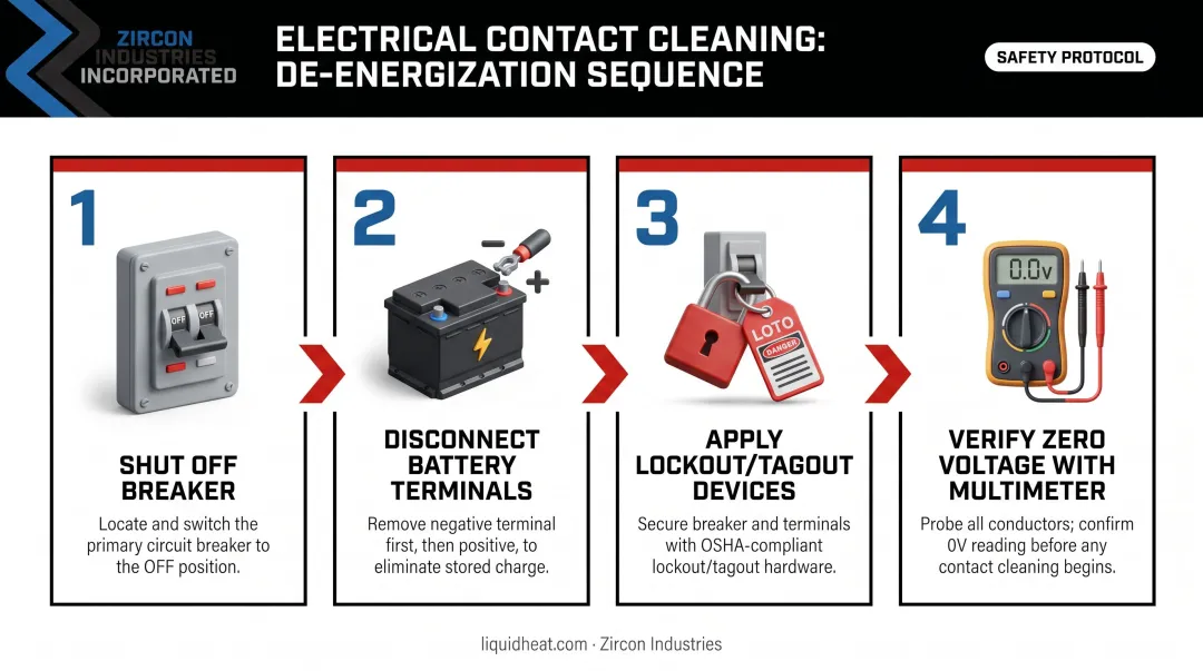 4-step electrical contact de-energization and lockout tagout process flow