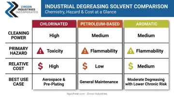 Comparison chart of chlorinated petroleum-based and aromatic solvent degreasers