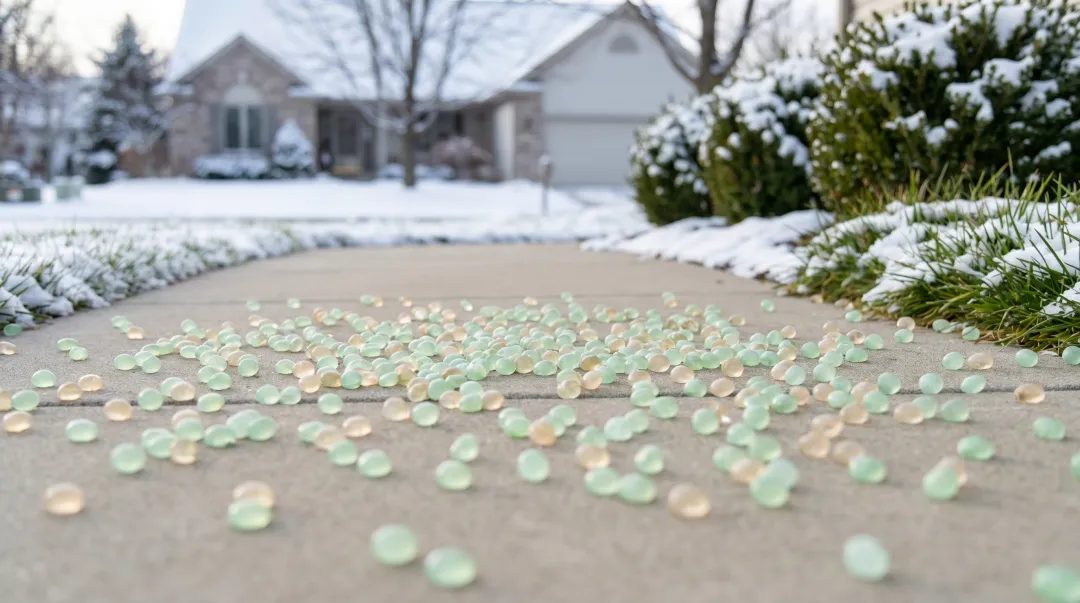Calcium Magnesium Acetate CMA deicer granules on concrete driveway surface