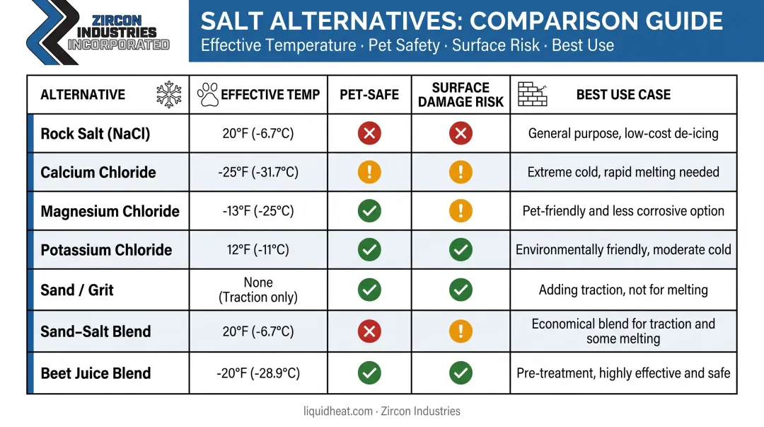 Seven salt alternatives comparison chart temperature pet safety and surface damage