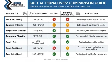 Seven salt alternatives comparison chart temperature pet safety and surface damage