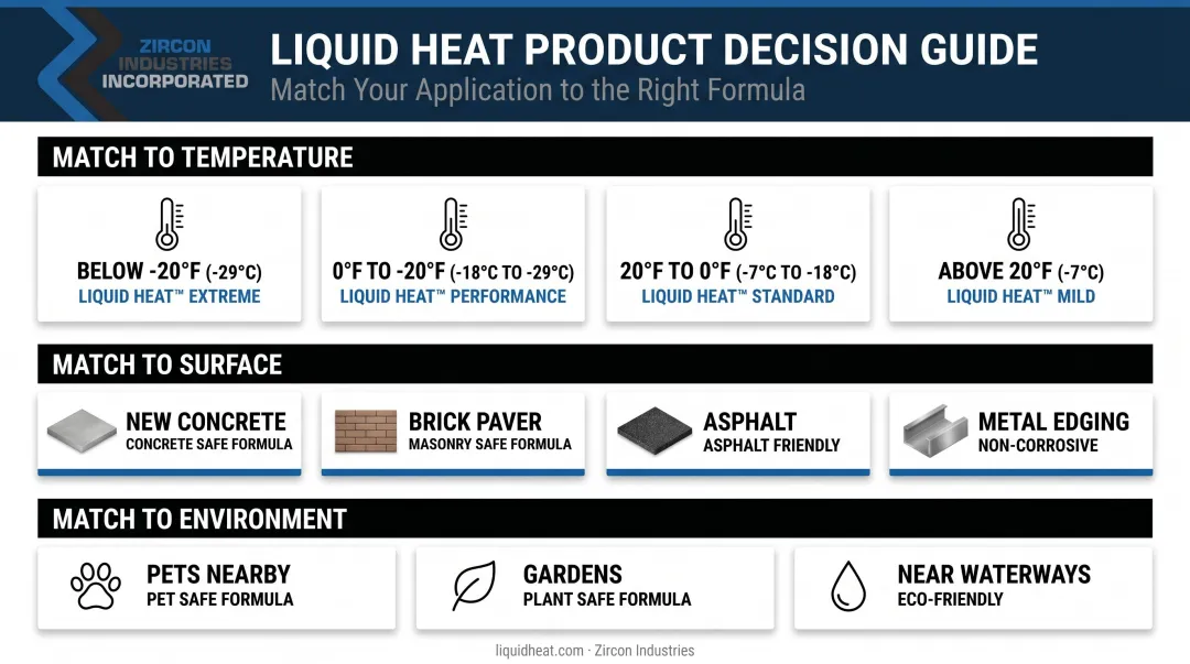 Deicer selection decision guide by temperature surface type and environment
