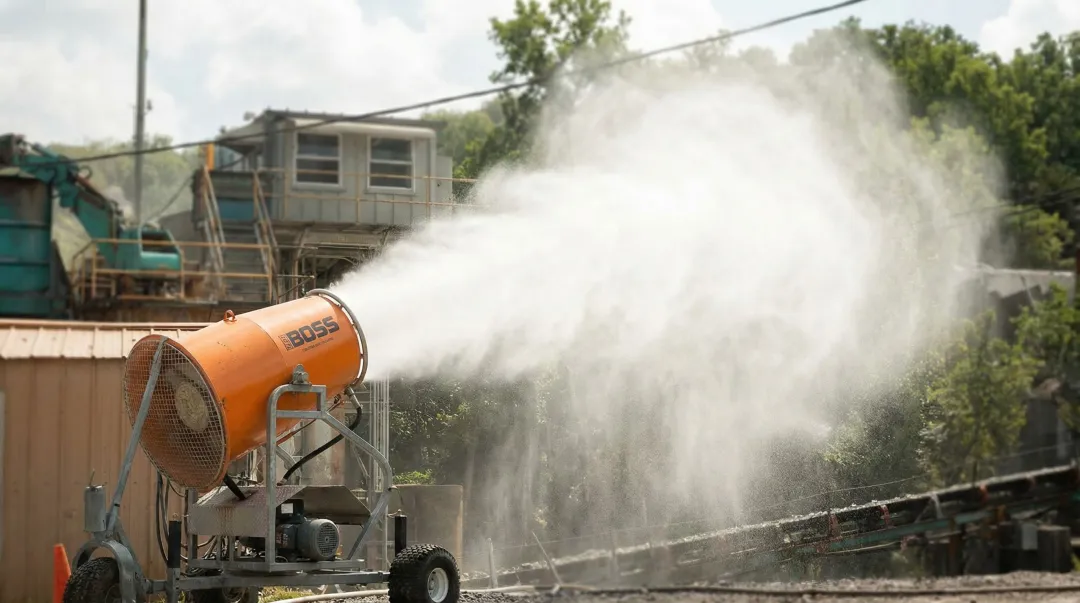 BossTek DustBoss atomized misting cannon operating on outdoor mining site
