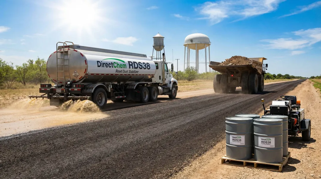 DirectChem RDS38 road dust stabilizer product applied to unpaved haul road