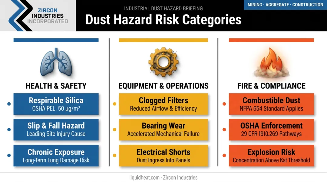 Three categories of manufacturing dust hazards health equipment and fire risks