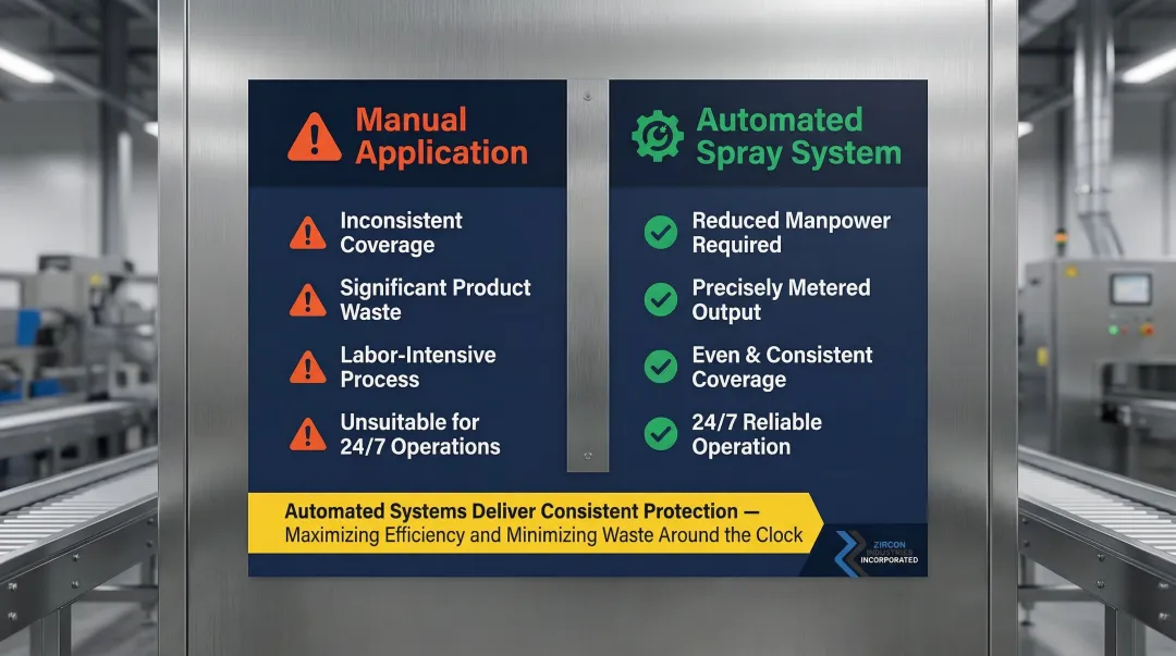 Automated conveyor deicer spray system versus manual application benefits comparison infographic