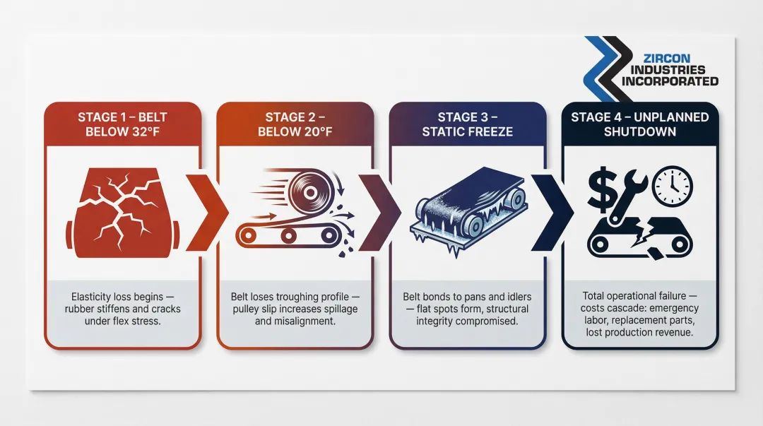 Conveyor belt freeze failure cascade showing four stages of cold-weather damage