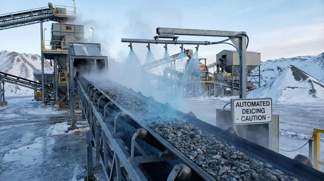 Conveyor belt deicer spray system applying glycol-based solution to industrial belt