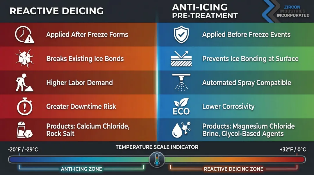 Anti-icing pre-treatment versus reactive deicing side-by-side operational comparison infographic