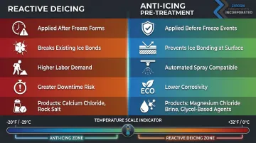 Anti-icing pre-treatment versus reactive deicing side-by-side operational comparison infographic