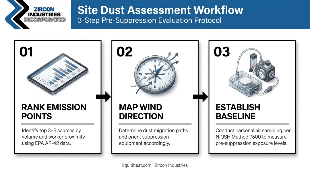 Three-step crusher plant dust assessment process from emission ranking to baseline sampling
