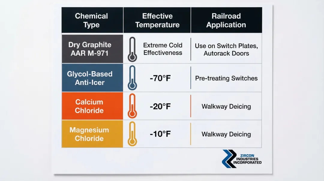 Railroad chemical deicer comparison chart by temperature range and application type