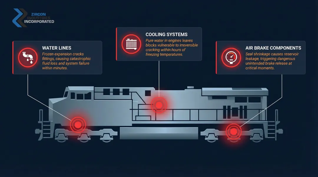 Three locomotive freeze failure points water lines cooling systems air brakes