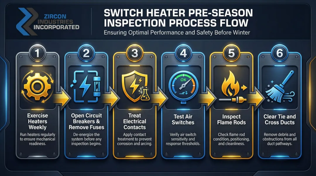 Six-step fall switch heater inspection and testing checklist process flow