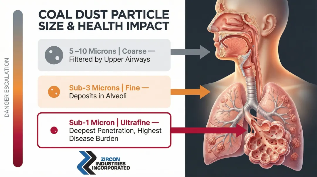 Coal dust particle size penetration depth and lung disease risk comparison infographic