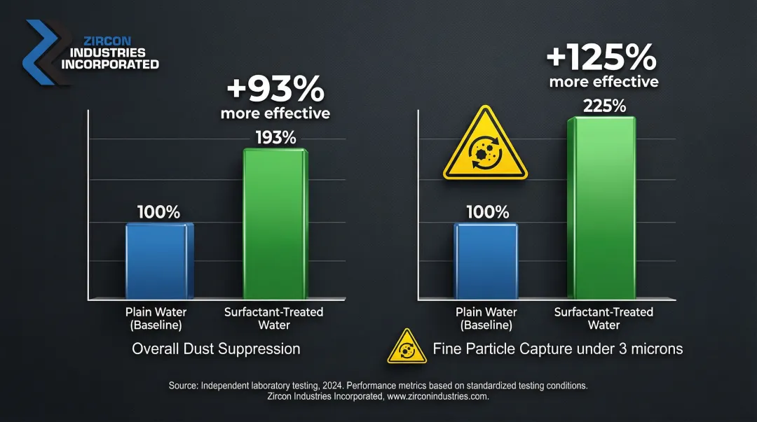 Surfactant versus plain water dust suppression performance gains bar chart infographic