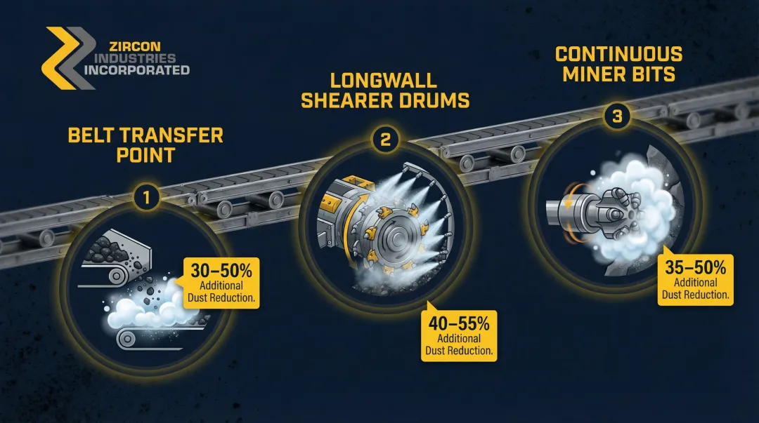 Underground coal mine foam application points belt transfer shearer and continuous miner diagram