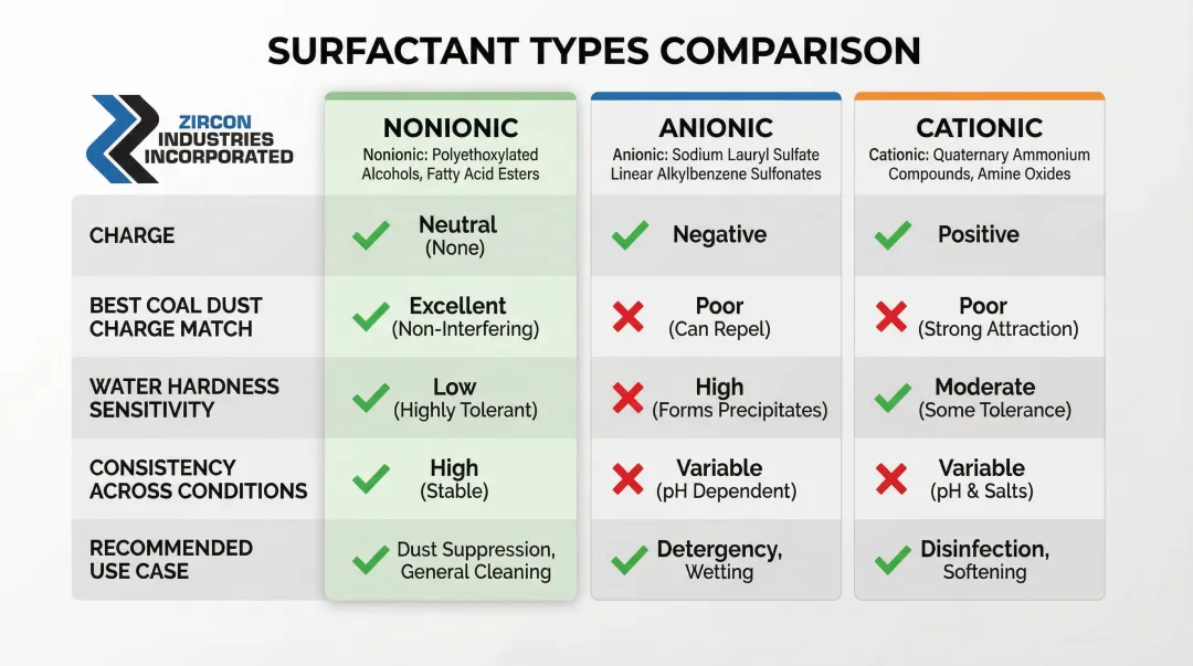 Three surfactant types comparison chart nonionic anionic cationic performance and conditions