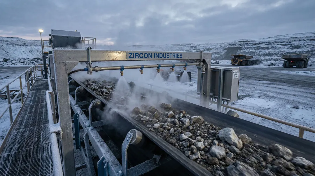 Automated conveyor belt deicer spray system installed on mining conveyor in operation