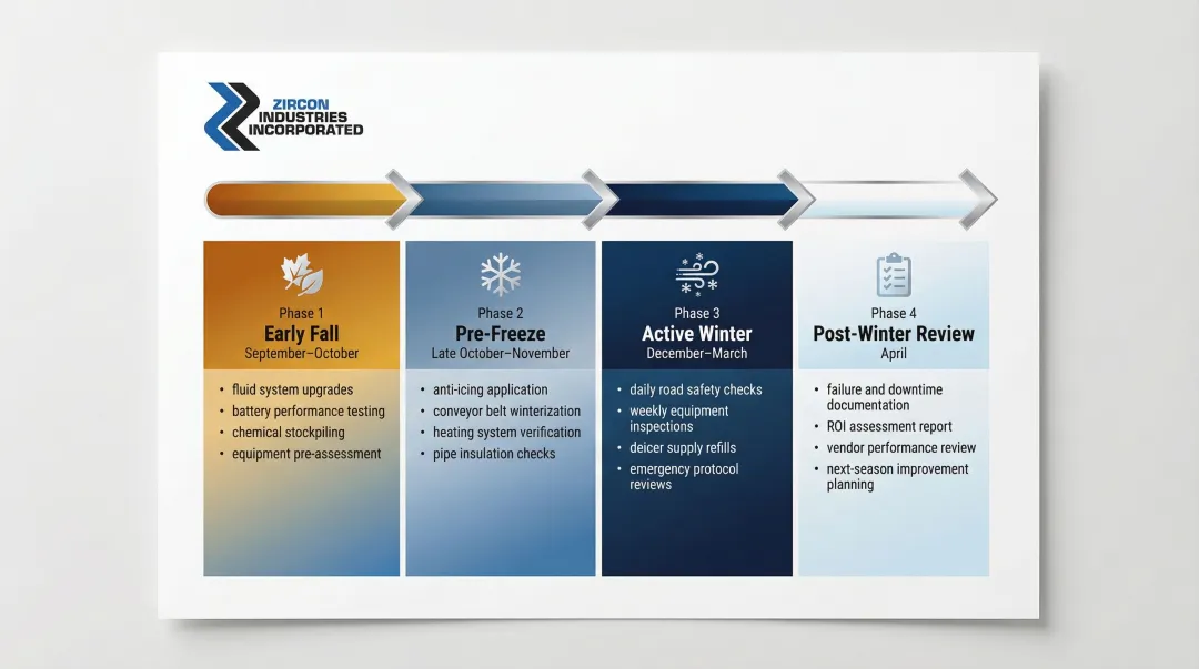Four-phase winter mine operations planning timeline from early fall through post-winter review