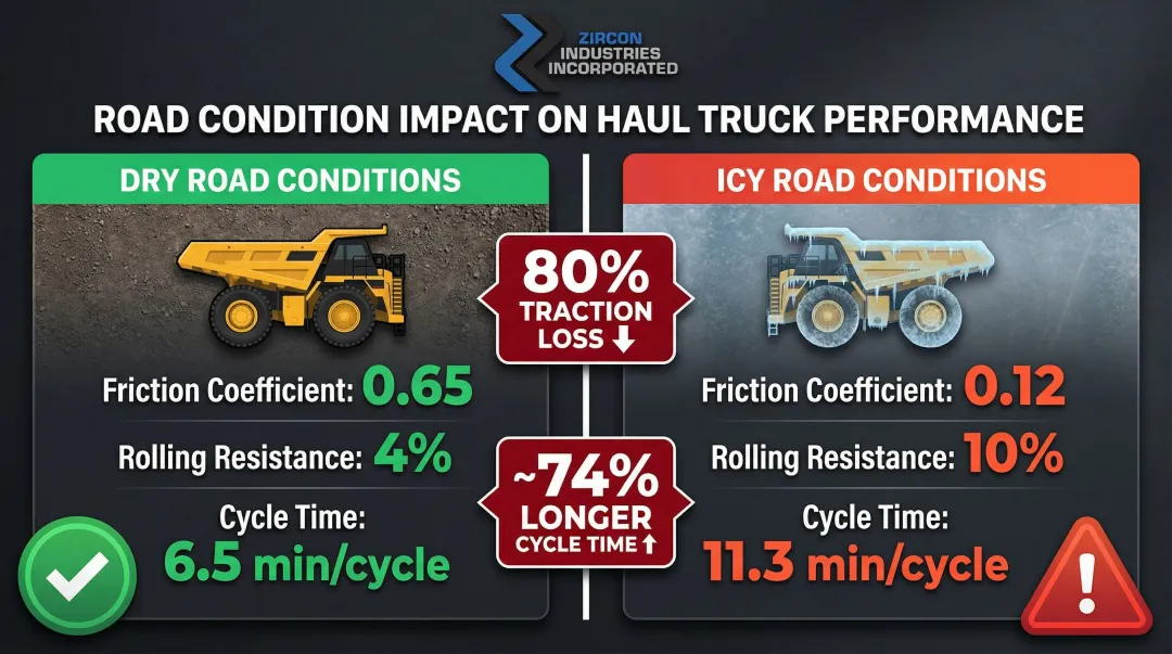 Haul road traction and cycle time impact of ice versus dry conditions infographic