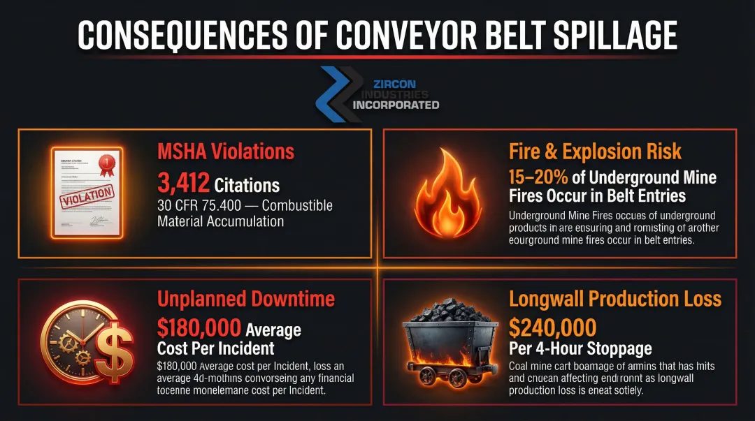 Coal conveyor spillage financial and safety consequences comparison infographic