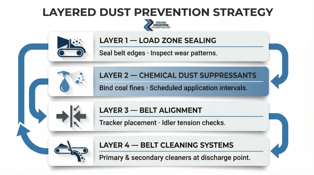 Four-layer coal conveyor spillage prevention strategy process flow diagram
