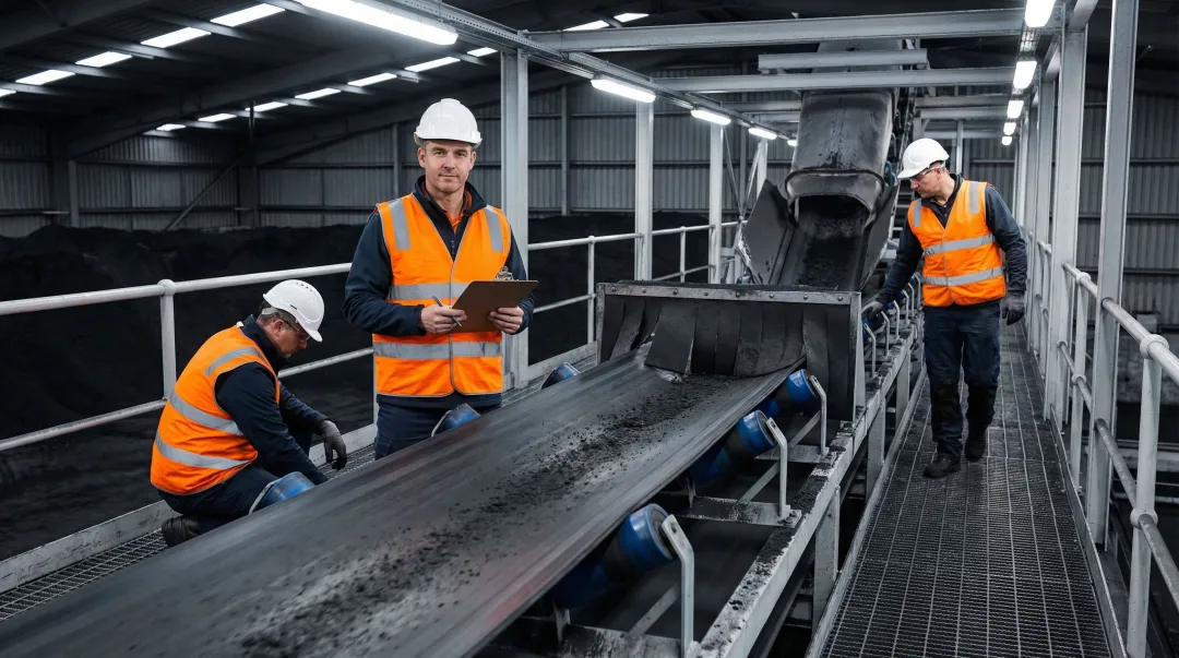 Mining conveyor belt inspection walkthrough with maintenance worker checking idlers