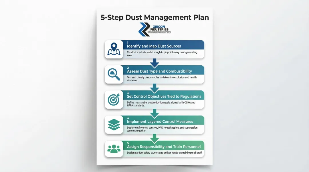 Five-step manufacturing dust management plan from source identification to personnel training