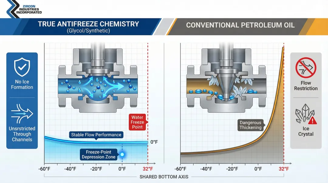 True antifreeze versus conventional petroleum oil freeze protection mechanism comparison infographic