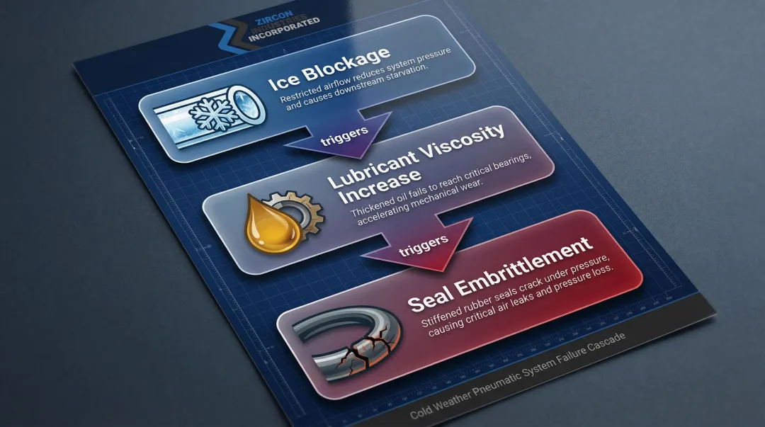 Three cold-weather pneumatic tool failure modes cascade diagram infographic