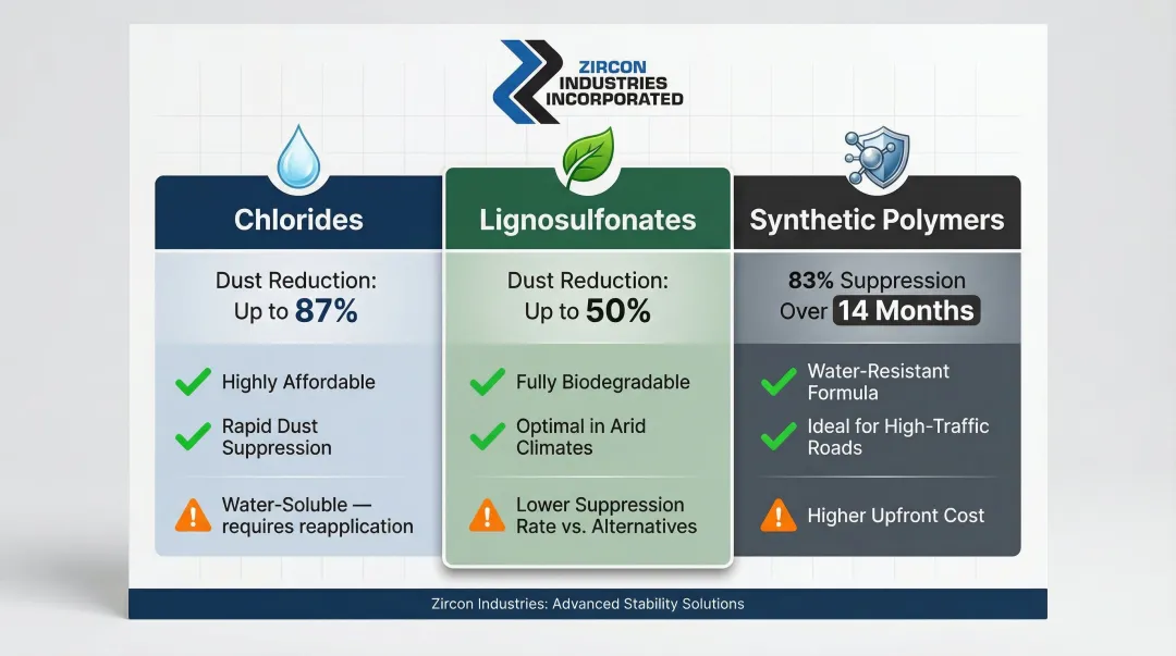 Three chemical road stabilizer types chlorides lignosulfonates polymers comparison chart