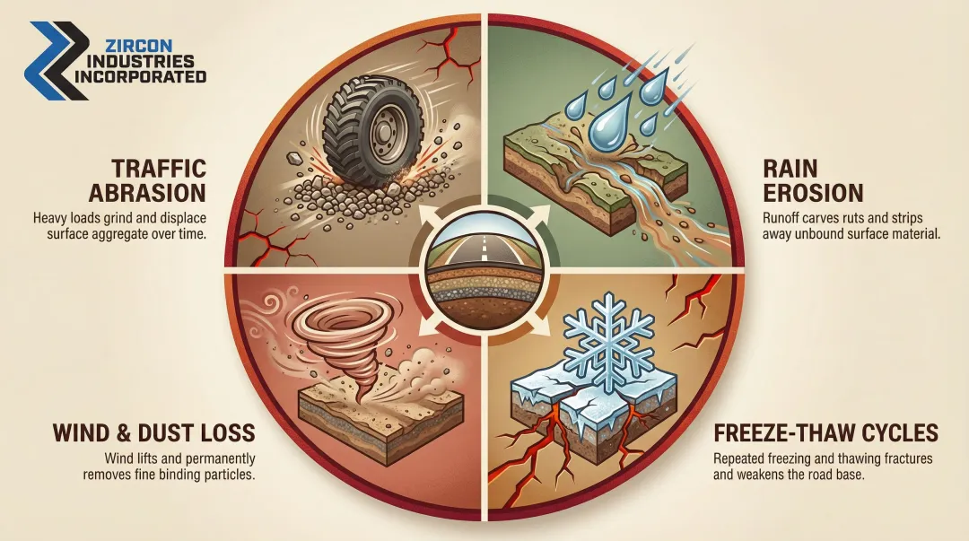 Four unpaved road deterioration mechanisms traffic erosion wind freeze-thaw cycle infographic